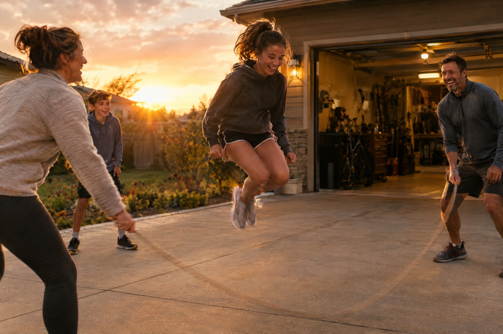 Family doing a jump rope challenge in the driveway at sunset