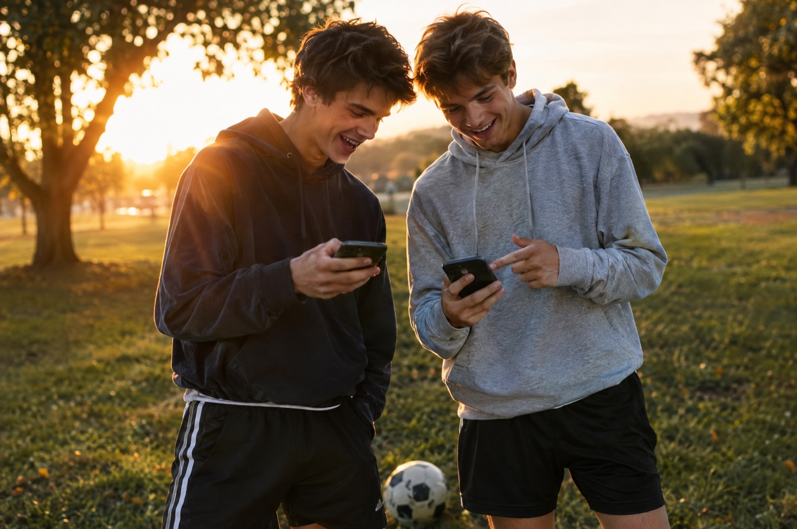 Two teens comparing juggling scores on their phones
