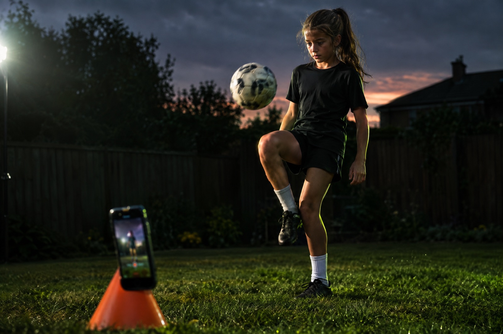 Girl juggling a soccer ball at dusk while her phone counts the reps