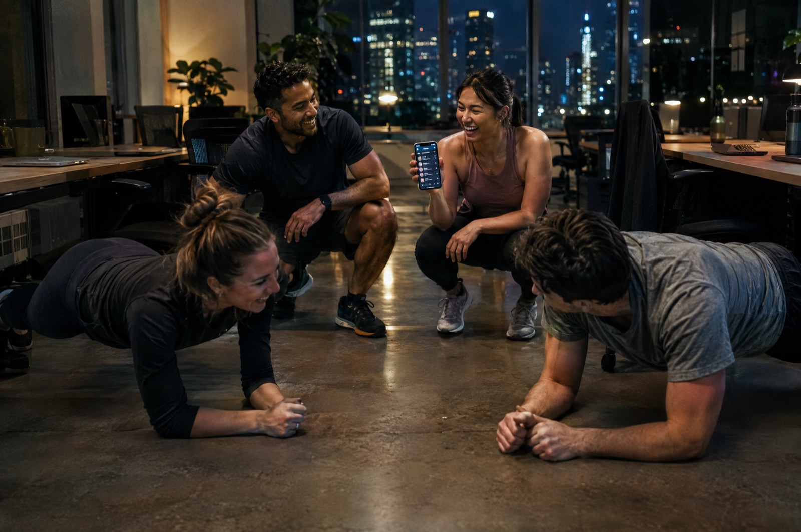 Coworkers doing a plank and squat challenge after work