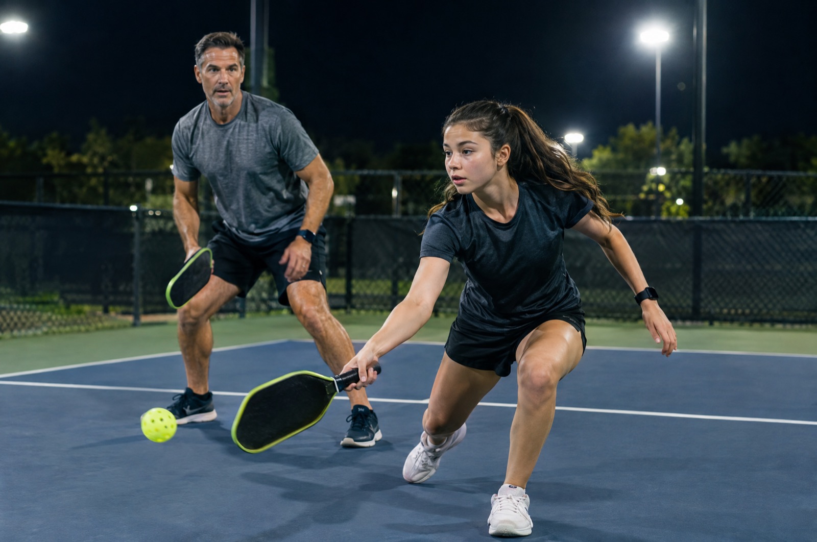Father and daughter playing pickleball under the lights