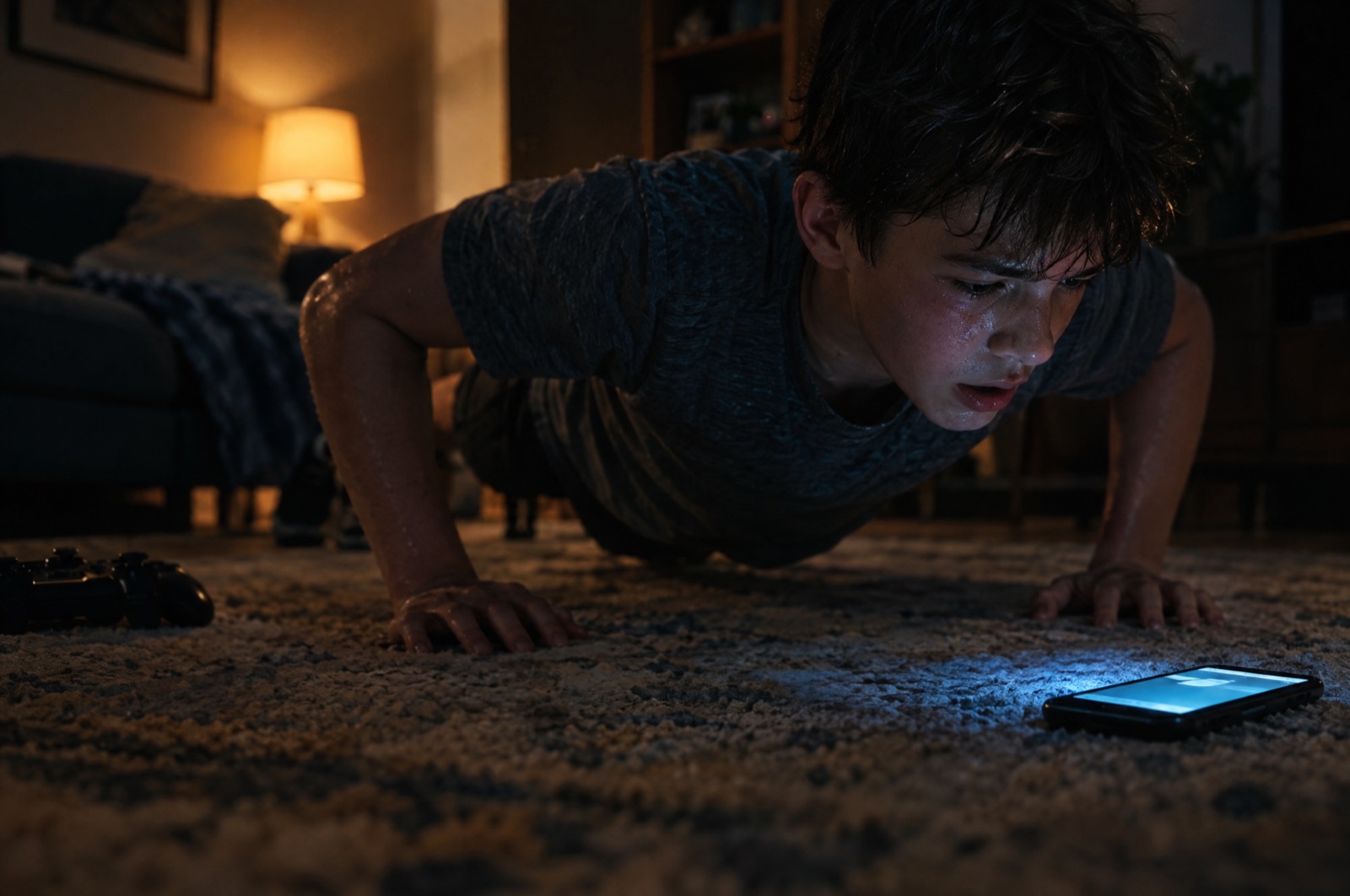 Teen doing push-ups next to his phone