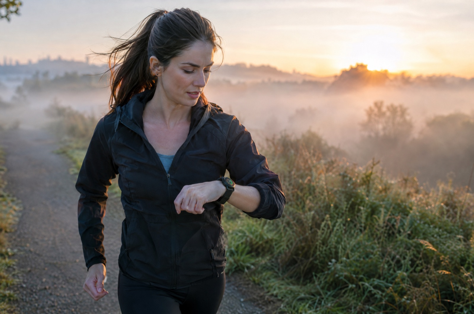Woman checking her step count on a smartwatch at sunrise