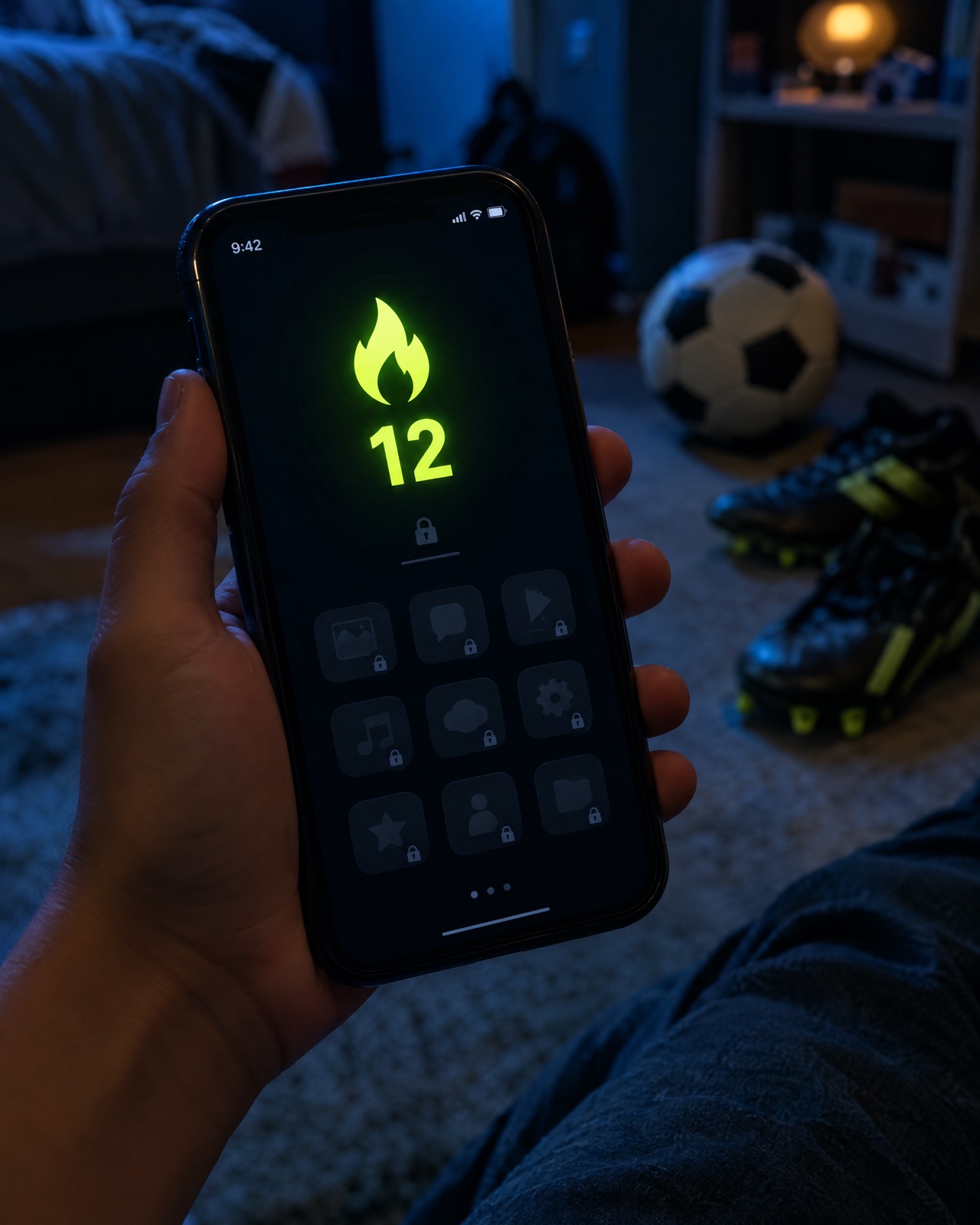 Phone showing a 12-day streak next to soccer cleats